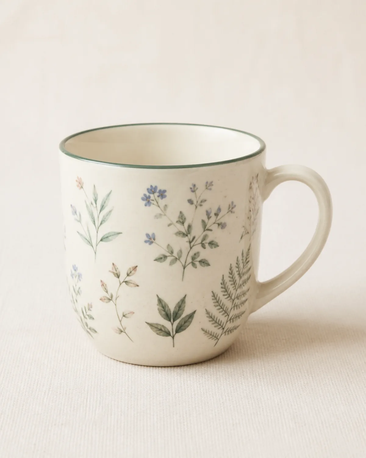 English Garden Breakfast Mug on warm ivory linen