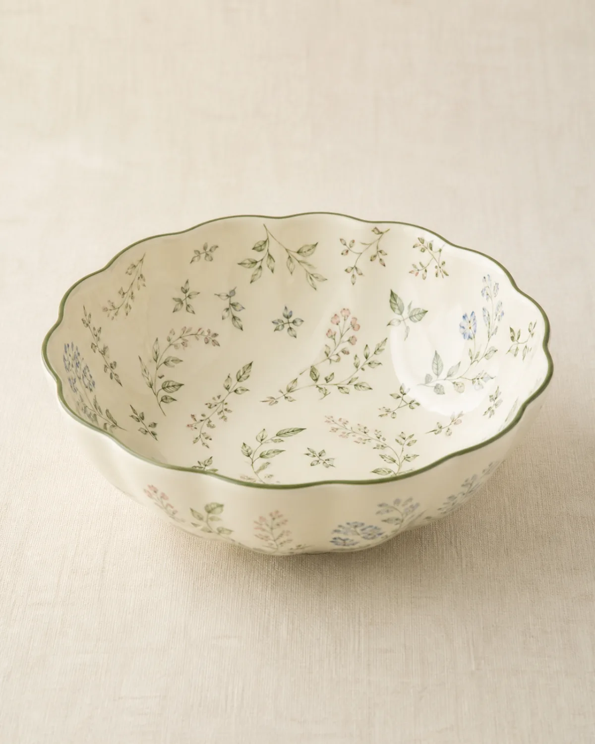 English Garden Serving Bowl on warm ivory linen